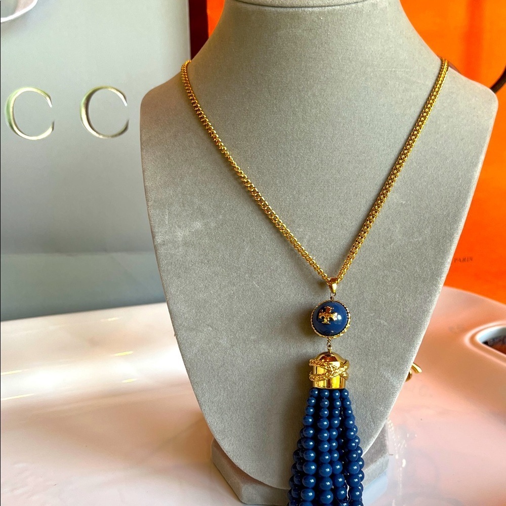 Tory Burch Gold and Blue Beaded Tassel Necklace - Picture 1 of 10
